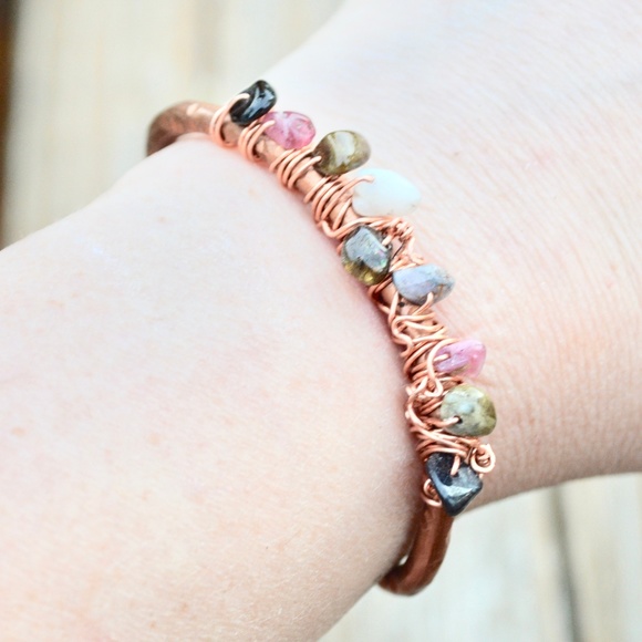 Pink Black Green Tourmaline Copper Cuff Bracelet - Picture 7 of 9